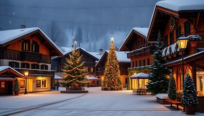 Fototapeta premium Festive Christmas Village with Decorated Christmas Tree Snowy Night