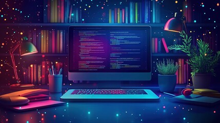 Nighttime Computer Workstation with Code Displayed on Screen