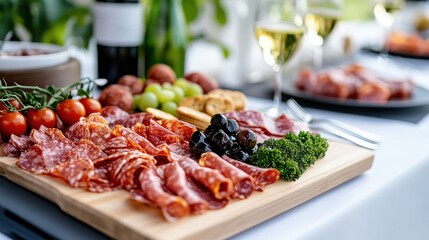 A close-up view of a charcuterie board featuring assorted cold cuts, fresh vegetables, and olives, with a bottle of wine and wine glasses in an elegant setting.