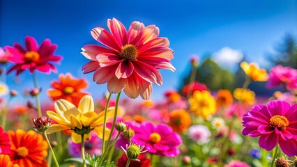 Vibrant flowers in sharp focus against a blurred background with clear blue sky visible