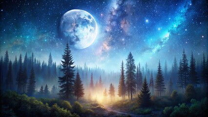 Naklejka premium A mesmerizing painting of a forest at night under a starry sky with the full moon overhead