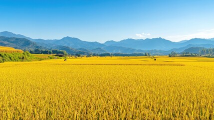 A beautiful landscape of ripe yellow rice fields ready for harvest, with a distant view of farmers working and mountains on the horizon, under a cloudless sky