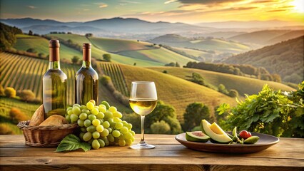 Table setting with avocado, grapes, and wine overlooking scenic rolling hills