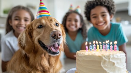 A golden retriever dog and a happy group of children celebrate its birthday with a cake and fun party hats, highlighting the joy of sharing special moments with pets.