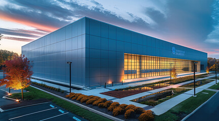 High-tech, modern data center exterior, clean precast concrete, reflective glass and steel architecture, large scale rectangular footprint, Sleek Modern Style. Generative AI.