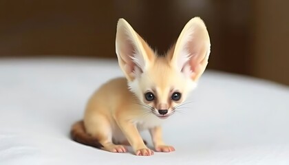 Adorable Fawn Fennec Fox Kit Sitting on White Background