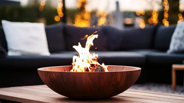 Cozy backyard gathering with a modern fire pit and comfortable seating at dusk