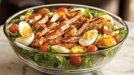 A beautifully presented Caesar salad in a transparent glass bowl, with layers of fresh lettuce, cherry tomatoes, hard-boiled egg slices, and grilled chicken strips