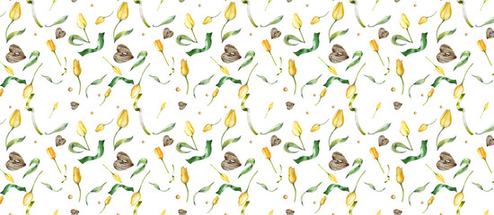 Floral Seamless Pattern. Yellow Tulips and Leaves, Wooden Heart. Botanical Watercolor Illustration. White Background. for Design Postcards, Wallpaper, Home Textile.