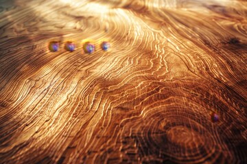 Detailed view of a smooth, polished oak wooden table top showcasing rich golden tones, Smooth polished oak surface with rich golden tones
