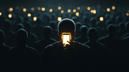 Lost in the Glow: A solitary figure illuminated by their phone in a crowd consumed by darkness, highlighting the isolating nature of technology in the modern age. 