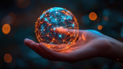 Abstract, colorful sphere in hand with lines and dots representing a concept of global connectivity