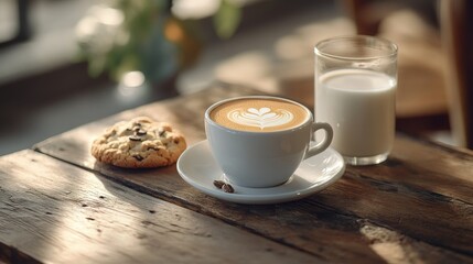 A breakfast scene with a latte art coffee cup, a freshly baked cookie, and a glass of fresh milk, arranged on a rustic wooden table in soft natural light
