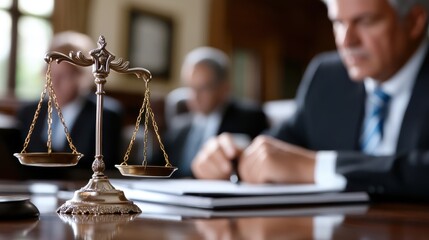 A close-up shot of a bronze scale of justice placed on a desk with blurred figures of professionals in suits in the background, signifying a legal or judicial setting.