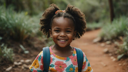 child toddler african girl hiking trail background portrait 