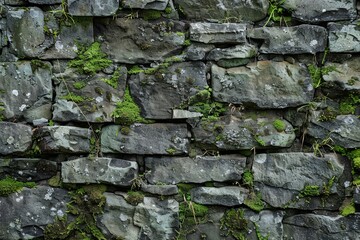 Stone wall covered in patches of lush green moss, Smooth stone facade with scattered patches of moss