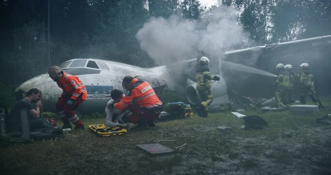 Plane Crash Site in the Forest: Firefighters Extinguishing Flames and Helping Paramedics to Carry Out Survivors on a Stretcher. Female Medic Assisting Young Man with His Wounds After the Wreckage