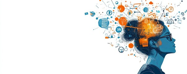 Mind map expanding from a students head, connecting various subjects and ideas, teaching, holistic learning