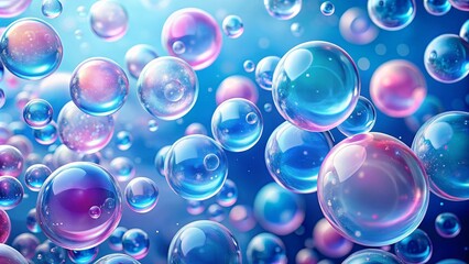 A whimsical painting of pink and blue bubbles floating on a serene blue background