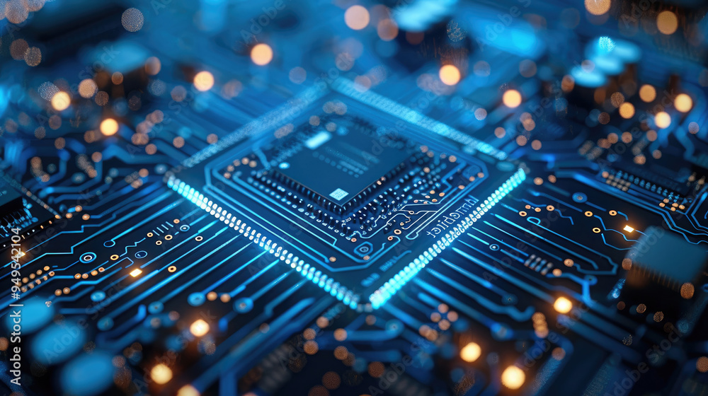 Poster digital blue circuit board with a chip, a technological background. digital technology concept. the 