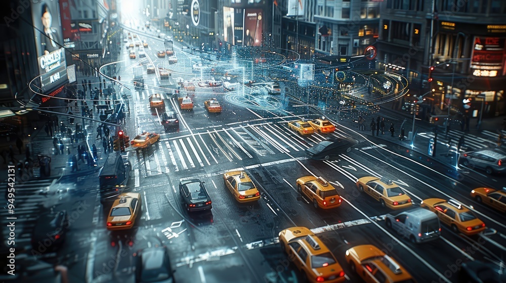 Poster Smart Traffic System in a Futuristic City, A high-tech cityscape where vehicles move seamlessly thanks to an integrated smart traffic system. Transparent virtual interfaces hover above intersections.