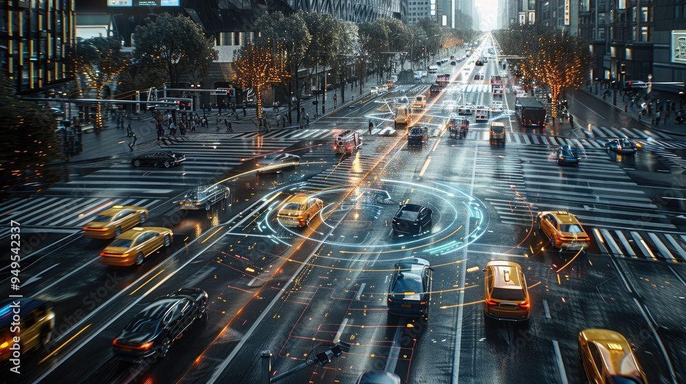 Poster Smart Traffic System in a Futuristic City, A high-tech cityscape where vehicles move seamlessly thanks to an integrated smart traffic system. Transparent virtual interfaces hover above intersections.
