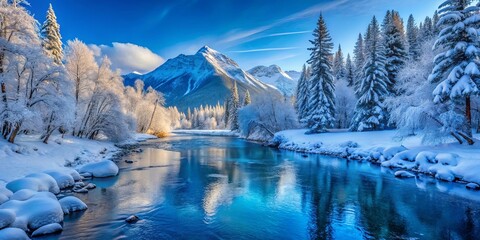 Scenic winter landscape with blue river, snow-covered trees, rocks, and mountain in the background