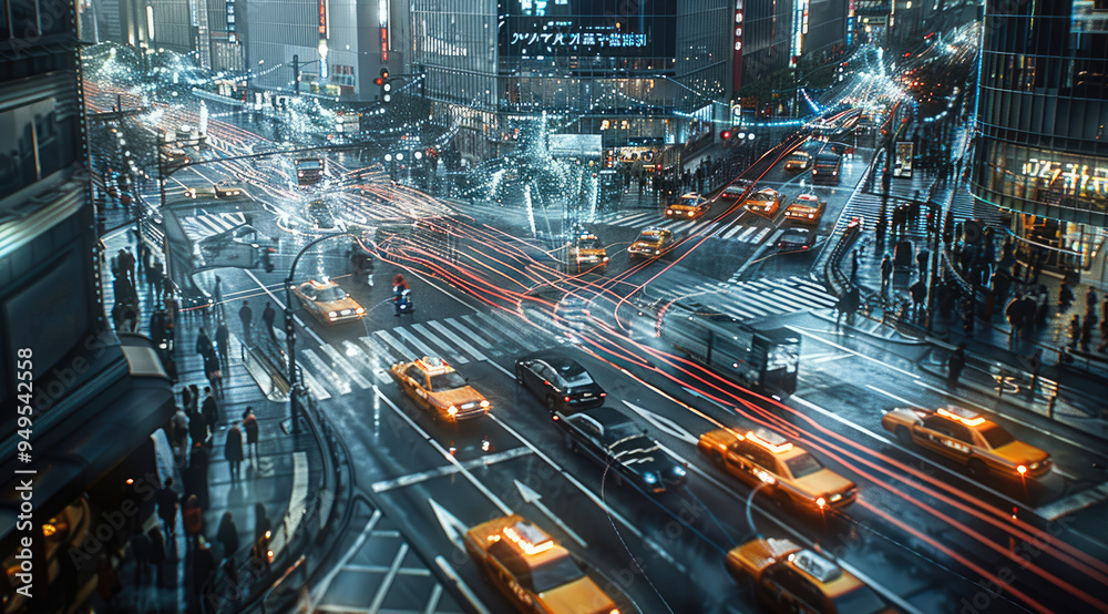 Poster Smart Traffic System in a Futuristic City, A high-tech cityscape where vehicles move seamlessly thanks to an integrated smart traffic system. Transparent virtual interfaces hover above intersections.