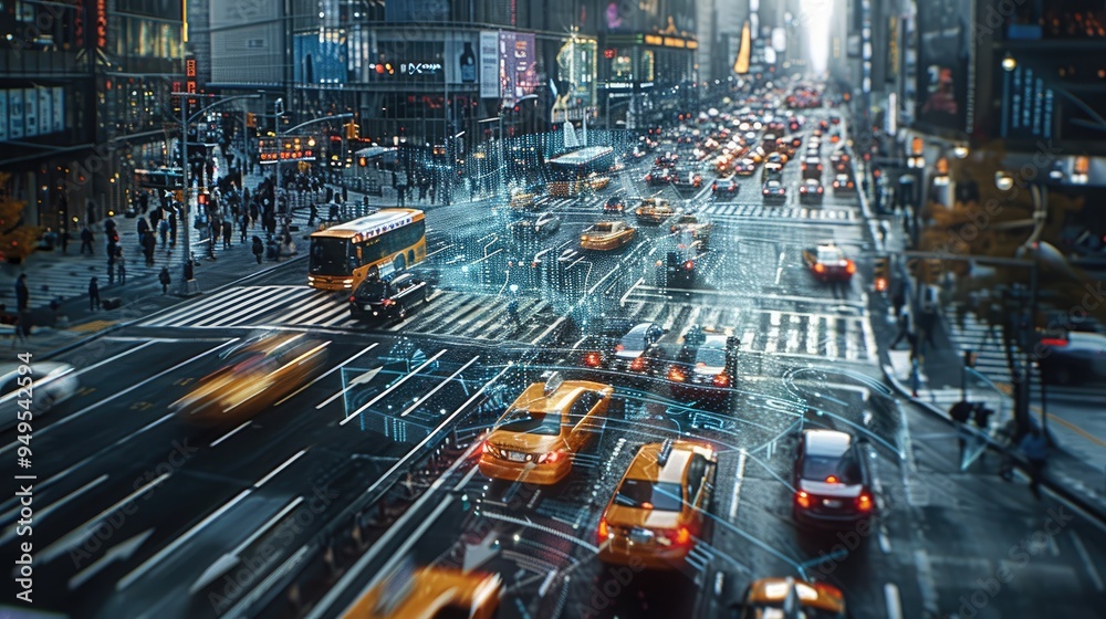 Poster Smart Traffic System in a Futuristic City, A high-tech cityscape where vehicles move seamlessly thanks to an integrated smart traffic system. Transparent virtual interfaces hover above intersections.
