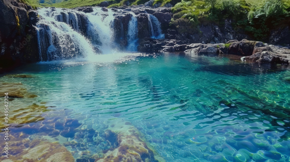 Poster Crystal clear water cascades over rocks into a tranquil pool.