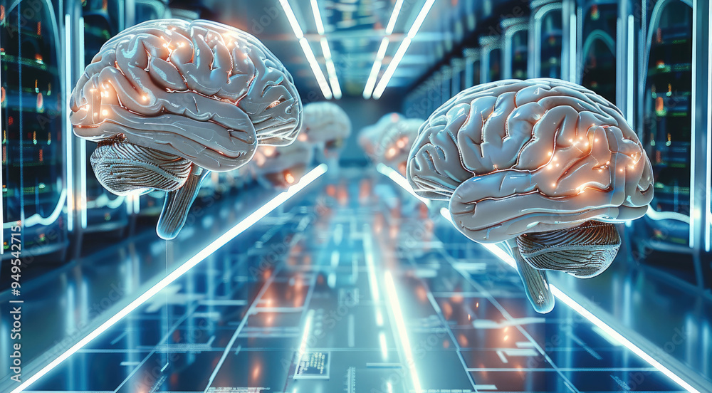 Poster A lot of human brains connect as a computer in a database. Generative AI.