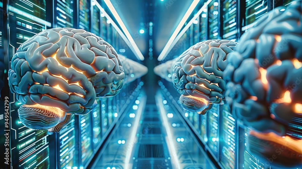 Poster A lot of human brains connect as a computer in a database. Generative AI.