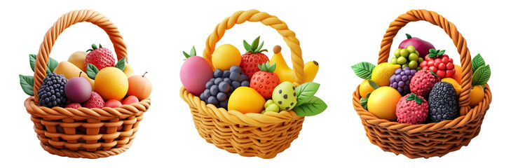 Fruit baskets with assorted fruits isolated on transparent background