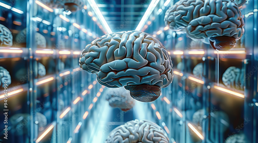 Poster A lot of human brains connect as a computer in a database. Generative AI.