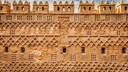 Close up detailed view of weathered and un plastered castle wall with intricate textures and patterns