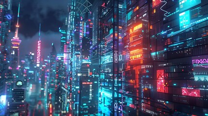 Obraz premium Cyberpunk city wall graffiti neon glow concept.