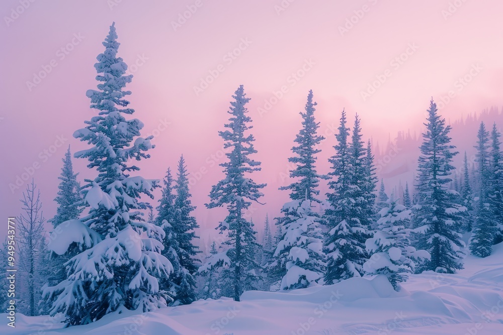 Wall mural Snow blankets the mountain as pine trees stand in the foreground under a pink sunset, Snow-covered pine trees against a soft pink sunset