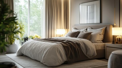 Beautiful and cozy bedroom with luxurious bedding, stylish furniture, and soft lighting, designed for comfort and relaxation