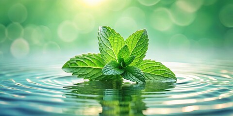 Fresh green mint leaves floating on rippling water surface with soft focus and pastel color tones...