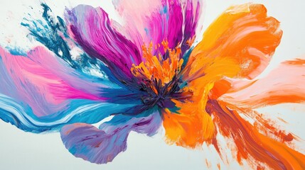 Beautiful painted flower in vibrant colors, crafted as a temporary art piece, with an abstract dynamic white-light grey background