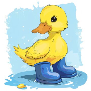 recommend clip art: Cute cartoon duck wearing blue rain boots in a puddle.