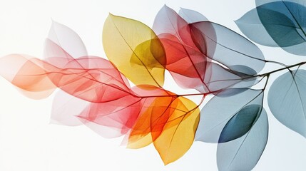 Beautiful transparent leaves, overlapping vibrantly in a dynamic abstract design, set against a white-light grey background