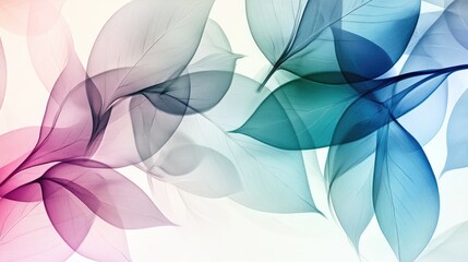 Obraz premium Beautiful transparent leaves, overlapping vibrantly in a dynamic abstract design, set against a white-light grey background