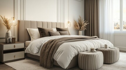 Beautifully designed bedroom with luxury decor, plush bedding, and a serene ambiance, offering comfort and relaxation in a stylish setting