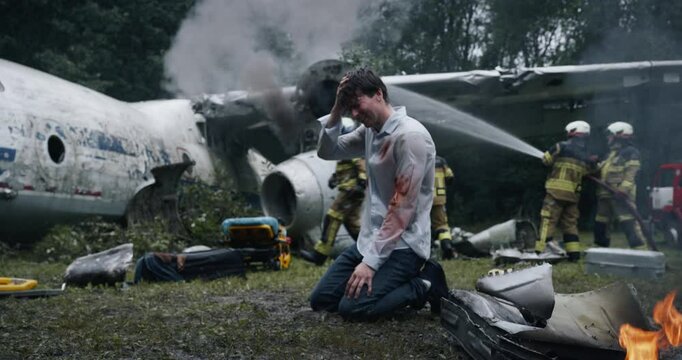 Young Man Kneels to the Ground, Traumatized and Bruised, Sitting Near a Wrecked Burning Airplane. Firefighters and Emergency Crew Arrive to Control the Fire. Dramatic Rescue Scene in a Wet Forest