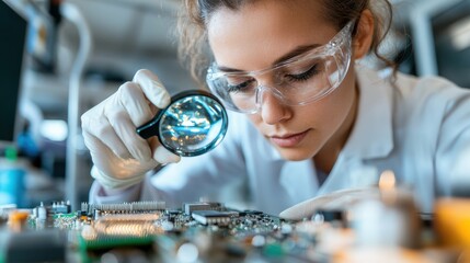 A dedicated female scientist, wearing goggles and gloves, carefully examines a microchip under a magnifying glass in a laboratory, reflecting precision and focus.