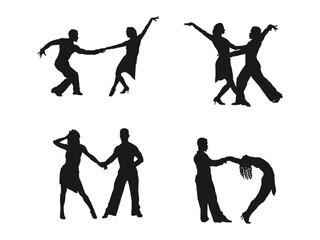 A set of men and women street dance hip hop dancers in silhouette. Dancing people silhouettes.Young girl and boy dancing street dance, hip hop at party or night club. isolated on white background.