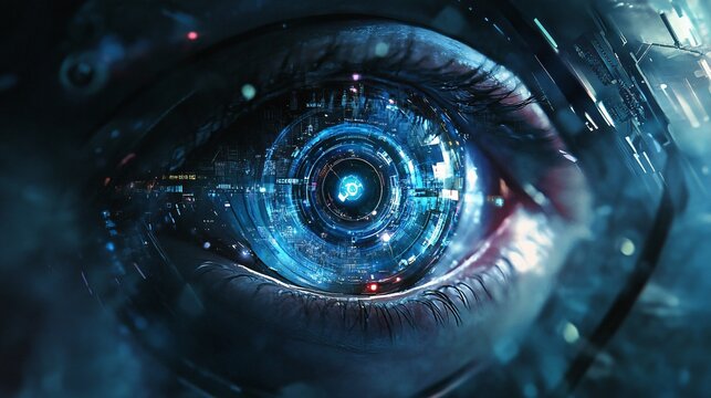 An abstract illustration of a bionic eye with digital overlays and enhanced vision capabilities