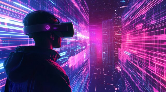 A vibrant illustration of a virtual reality world with immersive environments and interactive elements