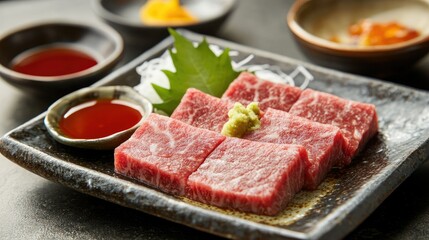 Fototapeta premium A delicious serving of Japanese beef on a traditional plate, accompanied by dipping sauces. Gourmet presentation, perfect for fine dining content.
